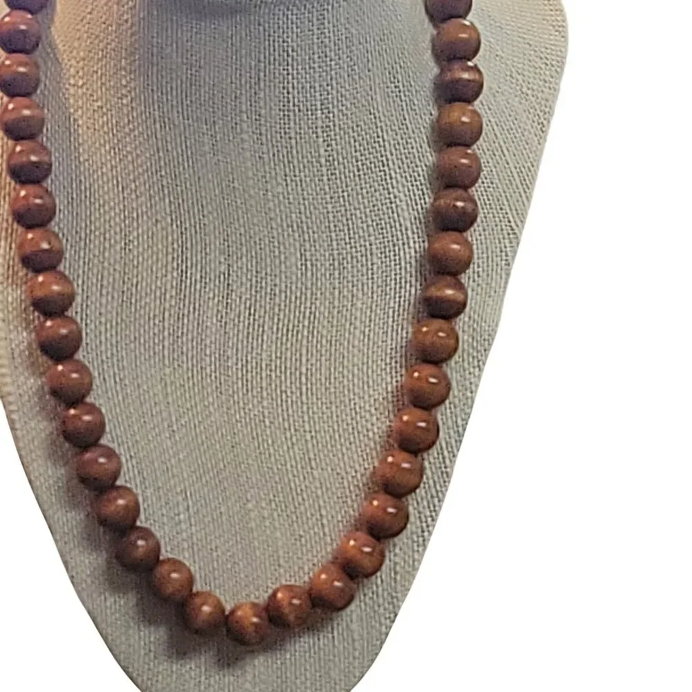 Vintage West Germany Wooden Beaded Necklace With Gold-tone Chain Clasp